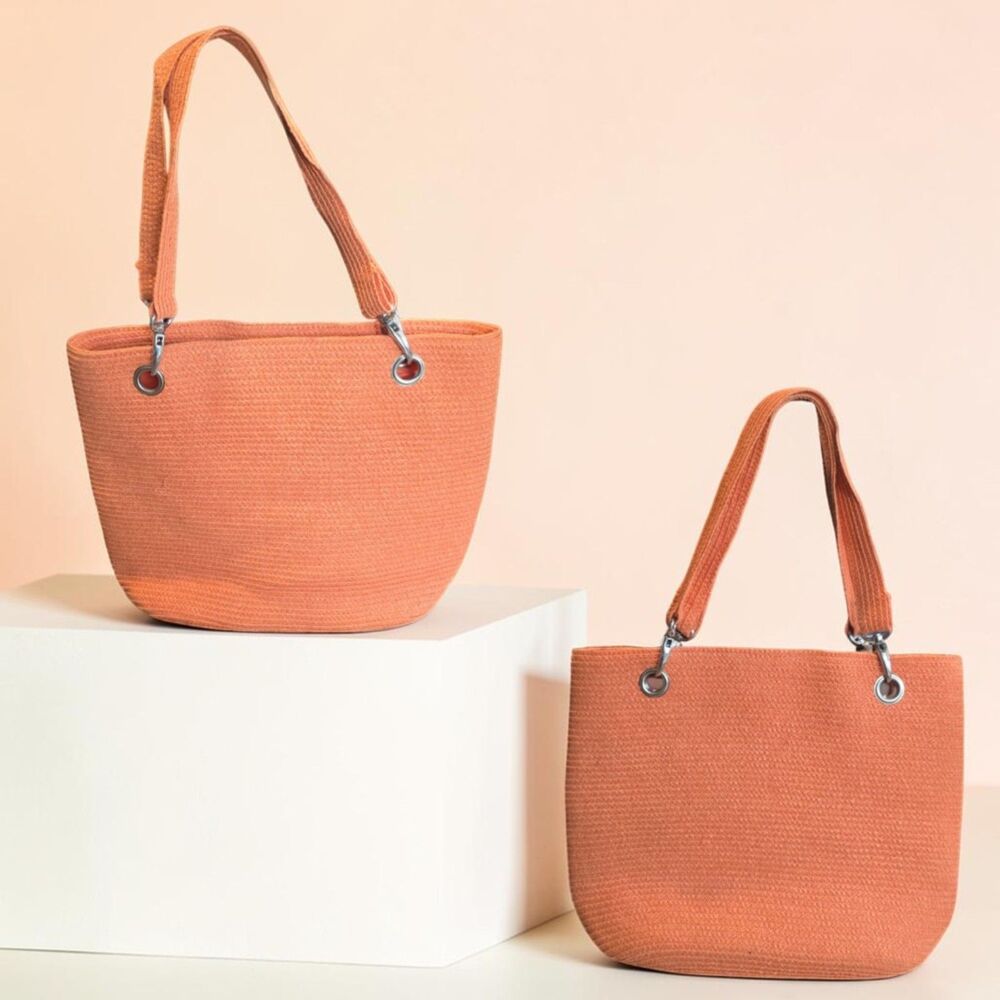 Orange Woven Straw Tote Bag Detachable Shoulder Straps Silver Tone Hardware